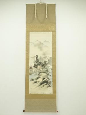 梅友筆　四神相応山水図　肉筆絹本掛軸（共箱）